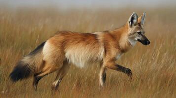 Majestic red fox walking gracefully through a sunlit field of tall grass in a vibrant natural landscape photo