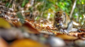 Focused monkey in natural habitat, foraging among fallen leaves under soft sunlight in a lush forest setting photo