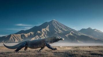 Majestic prehistoric creature running across a vast landscape with a towering mountain backdrop at dawn photo