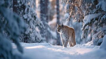 Graceful lynx prowls through snow-covered forest, showcasing its majestic beauty in a serene winter landscape photo