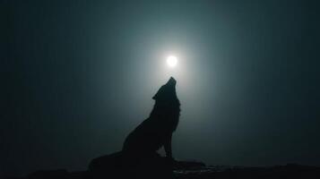 Mysterious Wolf Howling Under Full Moon in Foggy Night Sky Capturing the Essence of Wilderness and Raw Nature's Beauty photo