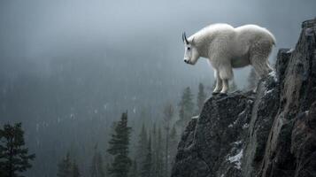 Majestic white mountain goat standing on rocky cliff in foggy wilderness surrounded by evergreens and distant mountain peaks photo