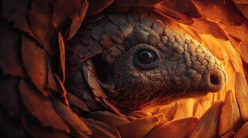 Close-Up of a Pangolin Nestled Among Its Leaf-Like Armor with a Warm Glowing Background Illustrating Nature's Beauty photo