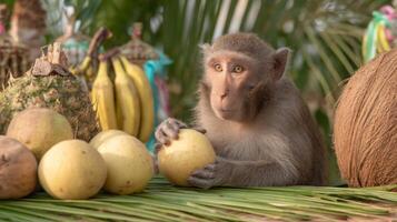 Curious Monkey Interacting with Fresh Fruits in a Tropical Setting Surrounded by Lush Greenery and Colorful Decorations photo