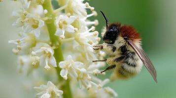Close Up of Bumblebee Pollinating White Flower with Soft Green Background in Nature Scene During Daylight photo