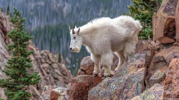 Majestic Mountain Goat Standing on Rocky Terrain Surrounded by Pine Trees Under Clear Blue Sky in Scenic Landscape photo