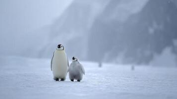 Two Adorable Penguins Standing Together on a Snowy Landscape in a Cold and Chilly Arctic Environment photo