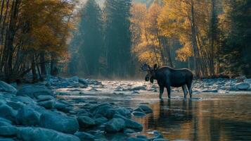 Majestic Moose Standing in a Tranquil River Surrounded by Autumn Foliage and Sunlit Mountains photo