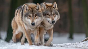 Majestic Wolves Walking Together in Snowy Forest Landscape with Soft Light and Natural Background photo