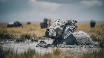 Playful Baby Elephant Enjoying a Mud Bath in the African Savannah with Other Elephants in Background under Dramatic Sky photo