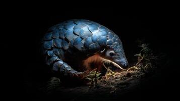 Close-up of a captivating pangolin illuminated against a dark background, showcasing its unique scales and texture in a natural habitat photo