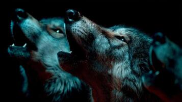 Three Howling Wolves in a Dark Environment with Captivating Blue Lighting and Expressive Eyes photo