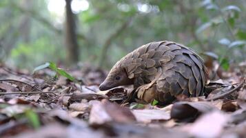 Close-Up of a Pangolin with Scales Surrounded by Leaves in an Asian Forest Habitat Captured in Natural Setting photo