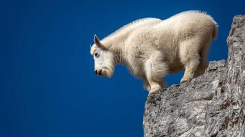 Mountain goat balancing on rocky ledge against clear blue sky showcasing the beauty of nature and wildlife in rugged terrain photo