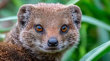 Close-Up of a Cute Mongoose with Bright Eyes in Lush Green Environment Capturing Wildlife Beauty in Nature photo