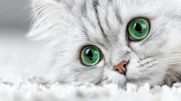 Close-Up of a Grey Persian Cat with Striking Green Eyes Resting on a Soft White Blanket in a Cozy Indoor Space photo