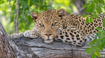 Stunning Close-Up of a Relaxed Leopard Resting on a Tree Branch Surrounded by Green Foliage in Natural Habitat photo