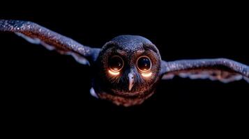 Captivating Close-Up of a Majestic Owl in Flight with Intense Eyes Against a Dark Background photo