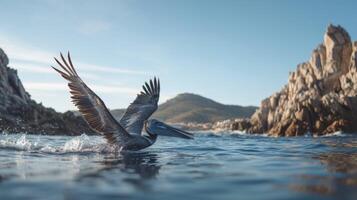 Pelican in Flight Over Calm Ocean Waters with Rocky Shoreline and Clear Blue Sky at Sunset photo