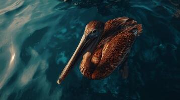 Brown Pelican Floating Gracefully on Calm Waters Surrounded by Gentle Waves Under a Bright Blue Sky photo
