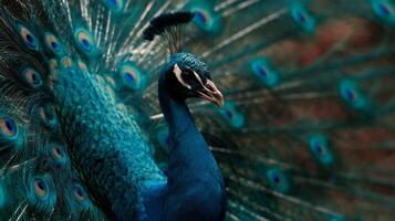 Vibrant Peacock Displaying Its Colorful Fan Amidst Nature's Beauty in a Captivating Close-Up Shot photo