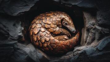 Close-Up of a Brown Pangolin Nestled in a Rock Crevice Surrounded by Natural Textures and Warm Lighting photo
