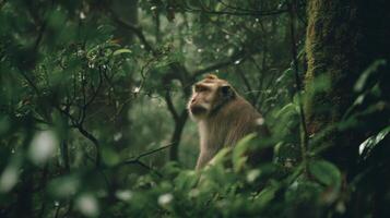 Monkey sitting peacefully in a lush green jungle surrounded by dense foliage and vibrant nature in a tranquil environment photo