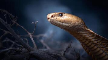 Close-up of a beautiful snake head with intricate scales, showcasing its elongated body and watchful eyes in a dark environment photo