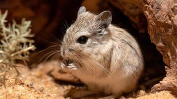 Adorable small rodent sitting quietly in natural habitat with soft fur, tiny paws, and curious eyes observing surroundings photo
