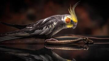 Vibrant Cockatiel Bird Paying Attention While Perched on a Bronze Object With Glossy Reflection in Soft Lighting photo