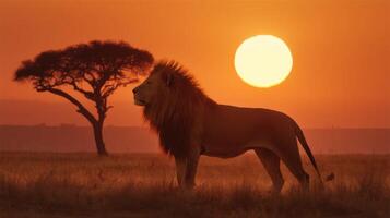 Majestic lion standing proudly in golden grasslands under a vibrant sunset with a silhouette of an acacia tree in the background photo