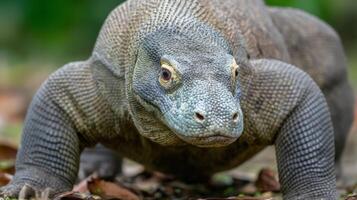 Komodo dragon crawling on ground with textured skin and focused expression in natural habitat showcasing wildlife and biodiversity. photo
