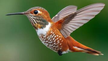 Close-Up of Vibrant Hummingbird in Flight with Stunning Colors and Elegant Wings Against a Soft Green Background photo