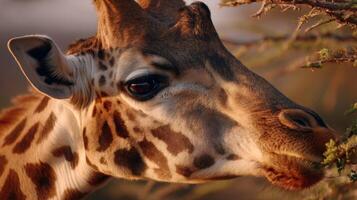 Close-Up View of Giraffe Grazing on Leaves in Natural Habitat with Soft Lighting and Serene Background photo