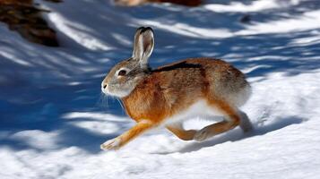 Brown rabbit hopping through deep snow in a winter landscape, showcasing vibrant furs and natural behavior of a wild animal photo