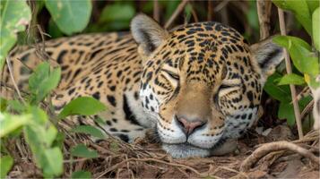 Resting Jaguar Amidst Lush Greenery in Jungle Habitat with Intricate Fur Pattern and Peaceful Expression photo