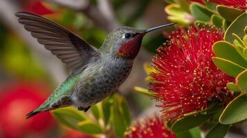 Vibrant Hummingbird Hovering Near Bright Red Blossom in Natural Environment at Daylight photo
