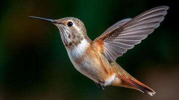 Stunning Hummingbird in Mid-Flight Captured with Incredible Detail and Vibrant Colors Against a Soft Green Background photo