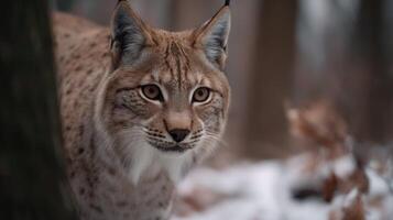 Close-Up of Lynx in Snowy Forest During Winter Season with Soft Focus on Expression and Natural Habitat photo