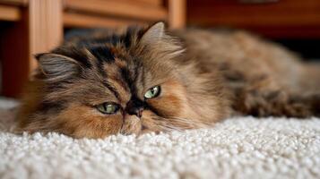 Relaxed Persian Cat Lying on Soft Carpet with Captivating Green Eyes in Cozy Indoor Environment photo