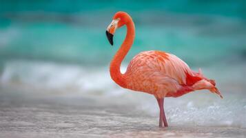 Elegant Flamingo Standing Gracefully on the Shoreline with Gentle Waves and Vibrant Blue Background photo