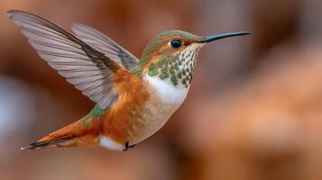 Stunning hummingbird in mid-flight showcasing vibrant colors and intricate details against a soft blurred background photo