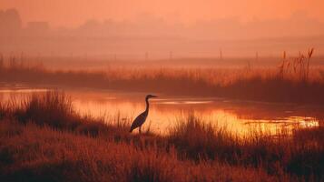 Serene Early Morning Landscape with Heron Silhouette Undersoft Orange Sky Reflected in Calm Water at Marsh photo