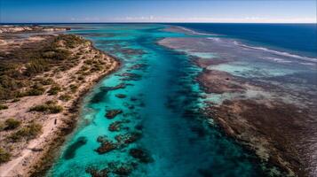 Aerial View of Serene Turquoise Waters and Coastal Landscape by the Ocean Under Bright Clear Sky photo