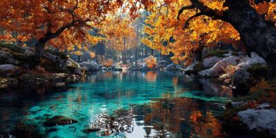Serene Autumn Landscape with Vibrant Orange Foliage Reflecting in Calm Blue Lake Surrounded by Peaceful Trees and Stones photo