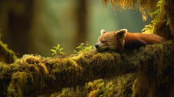 Red panda resting peacefully on a moss-covered log in a serene forest setting surrounded by soft, natural light and greenery photo