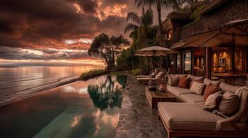 Serene Sunset at Luxury Villa with Stunning View of Ocean and Pool Surrounded by Lush Greenery and Comfortable Loungers photo