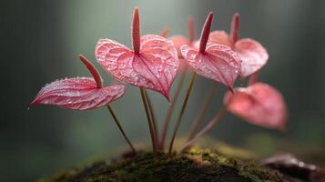 Delicate Pink Heart-Shaped Flowers with Raindrops on Green Background in a Serene Natural Setting photo