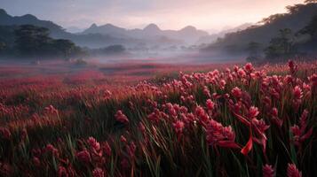 Vibrant Field of Pink Flowers Under Soft Morning Light with Misty Mountains in Background photo