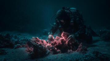 Deep Sea Diver Examines Vibrant Coral Reef in Mysterious Underwater Environment with Soft Light and Textures photo